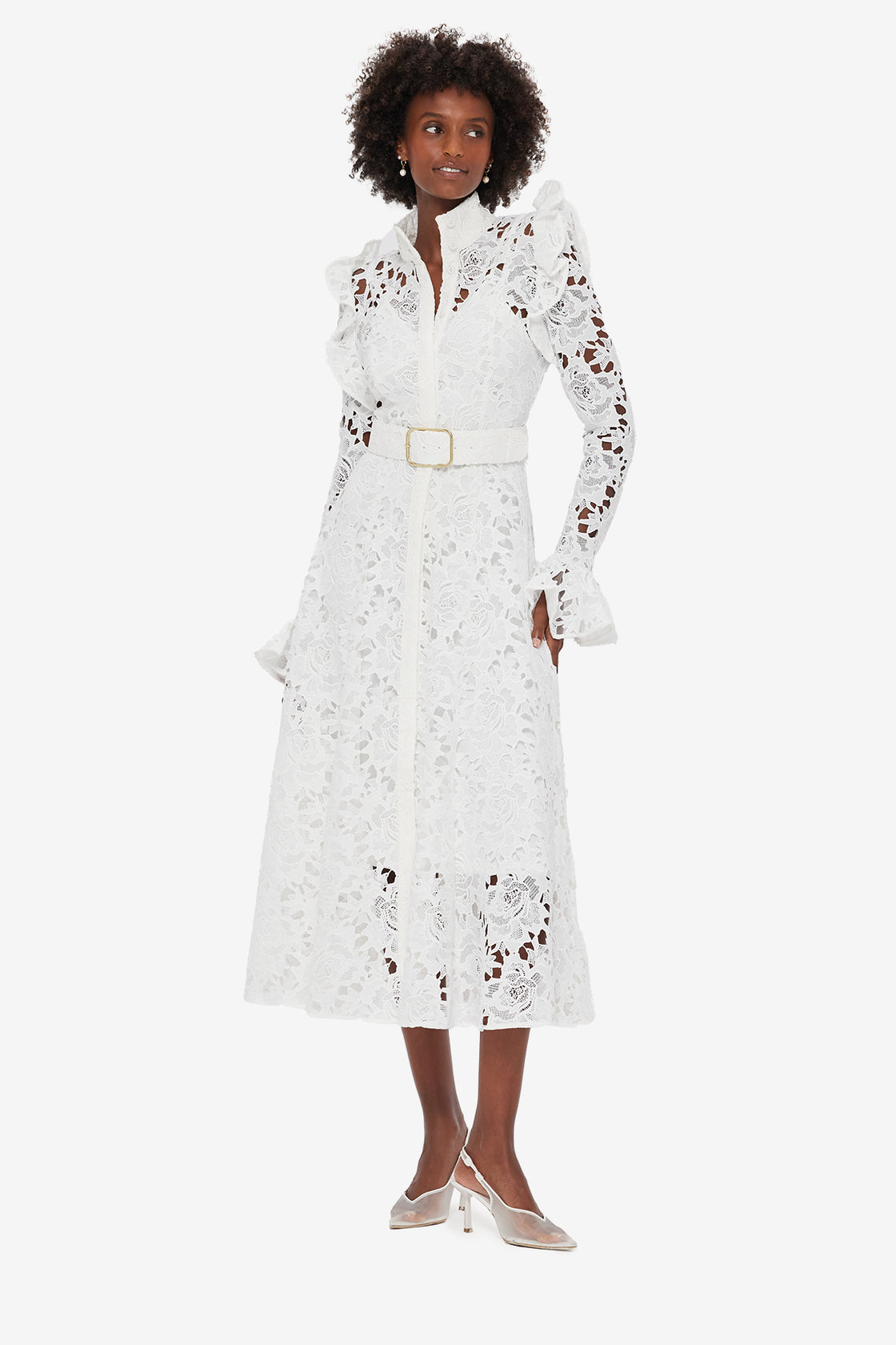Aliyah Lace Butterfly Sleeve Midi Dress in Snow