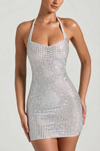 Amolika Embellished Halterneck Mini Dress in White