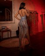 Blue Embellished Dress with Leaf Corset