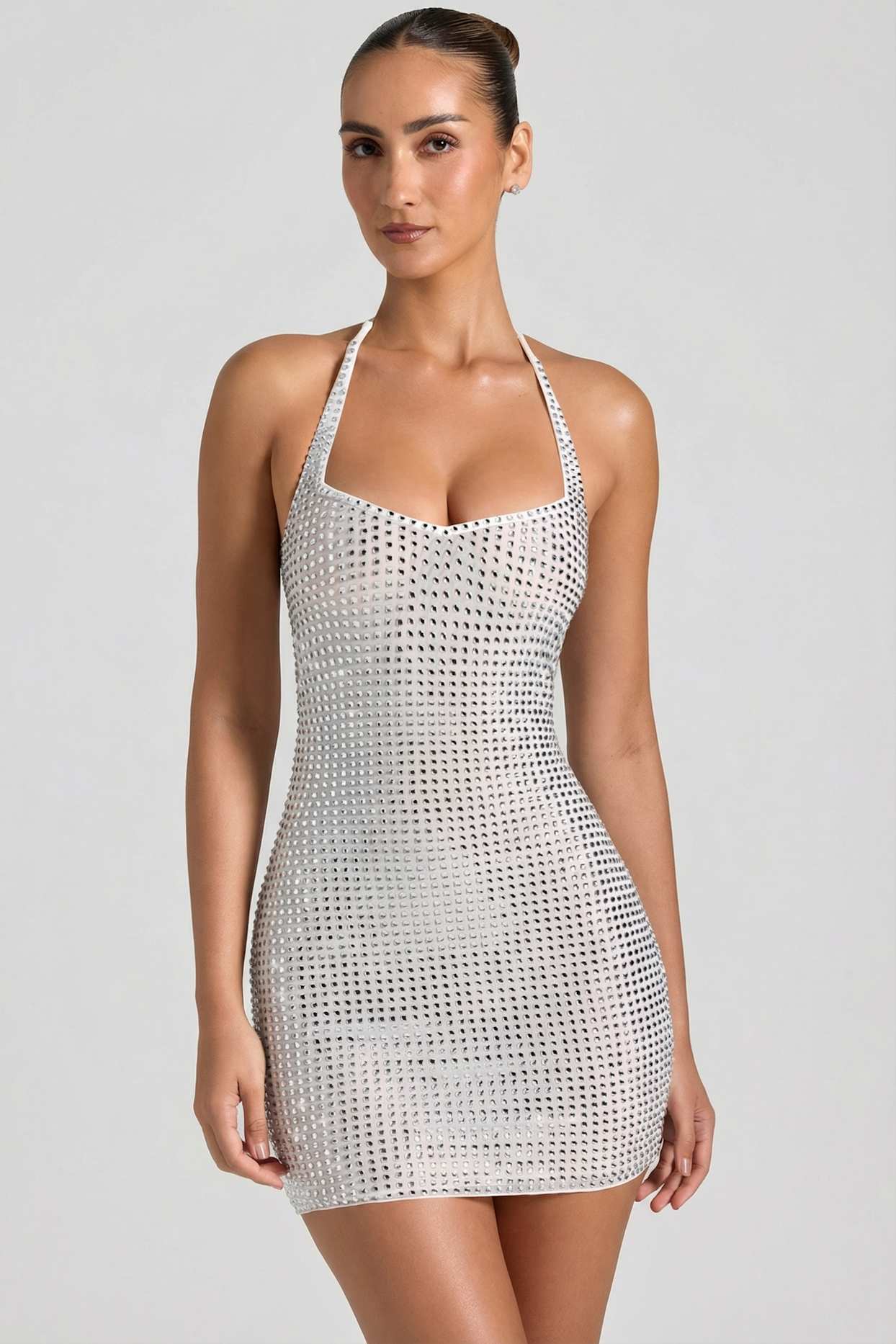 Amolika Embellished Halterneck Mini Dress in White